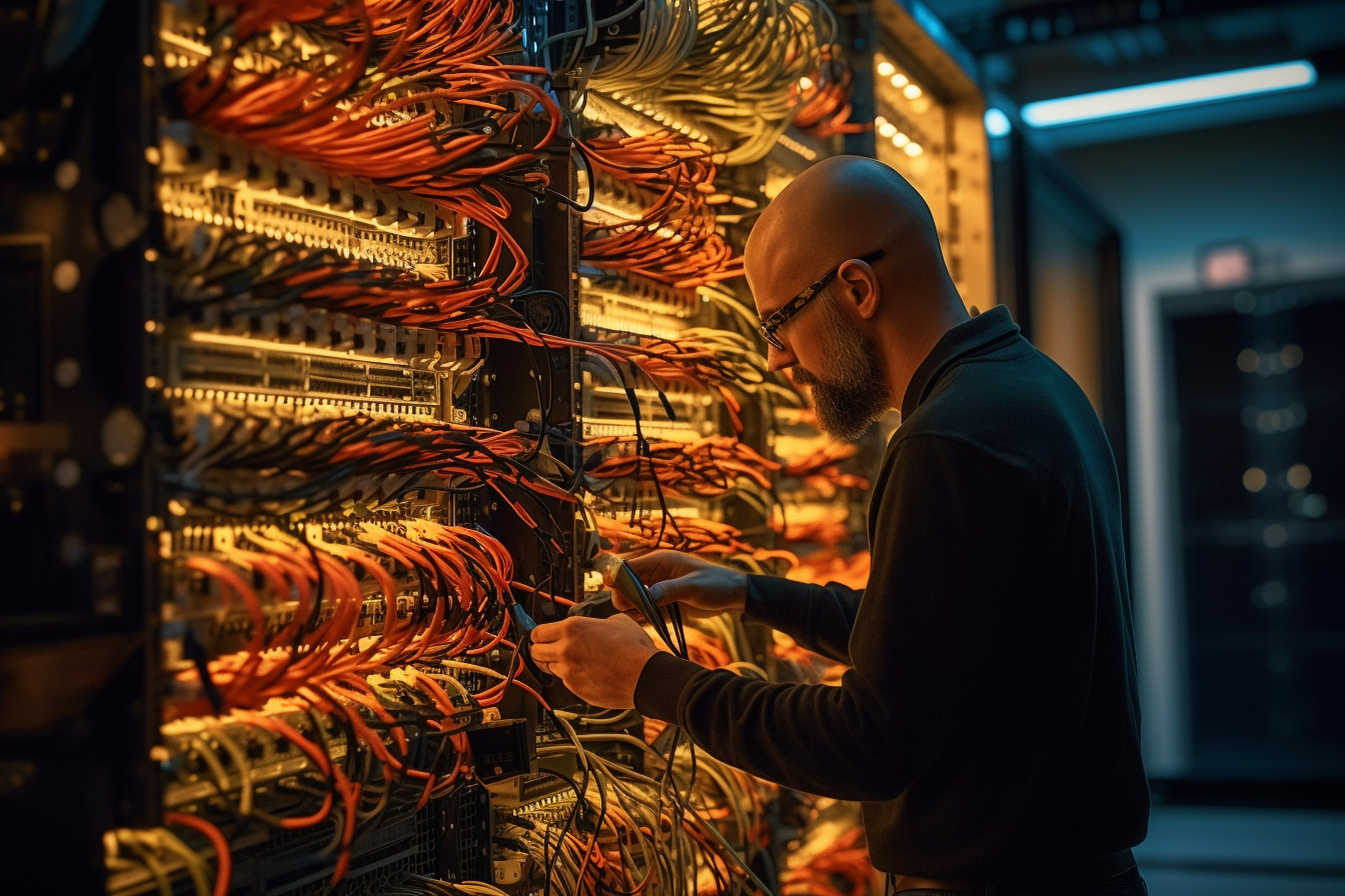 A Sourcepass Network Engineer performing routince maintenance to ensure optimal performance.